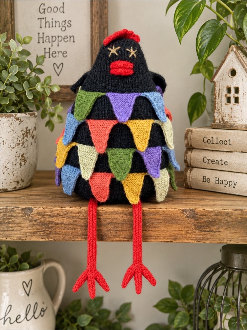 Hand Knit Peru Black Chicken Hen Folk Art Doll Wool Acrylic Rainbow Bunting 15